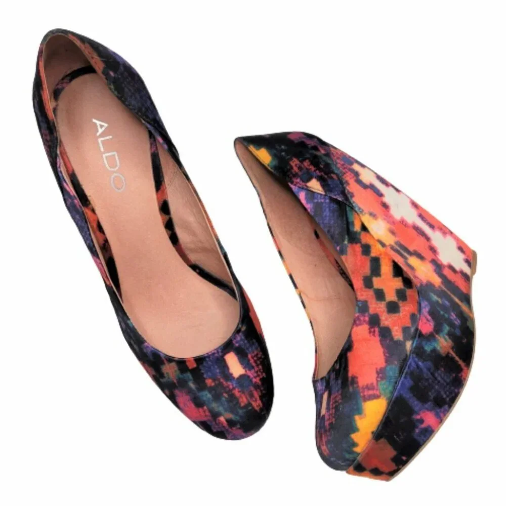 Aldo Hellendoorn Multi Color Tribal Aztec Platform Wedge Heel Shoes Size 6.5